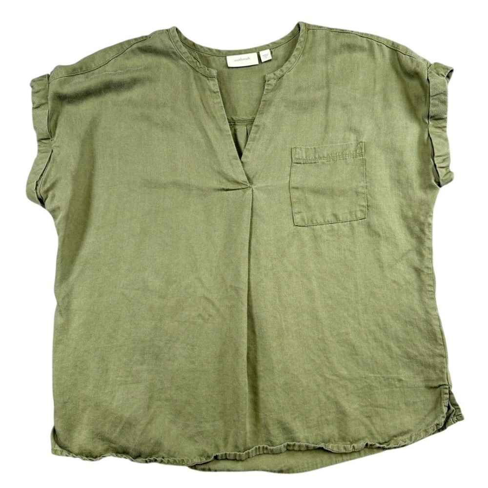 Ecothreads Olive Green Lyocell Split V-Neck Cuffed Sleeve Blouse Top Office M